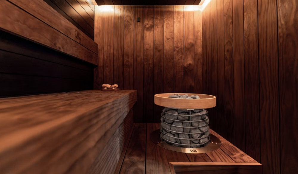 Wooden sauna interior with soft lighting