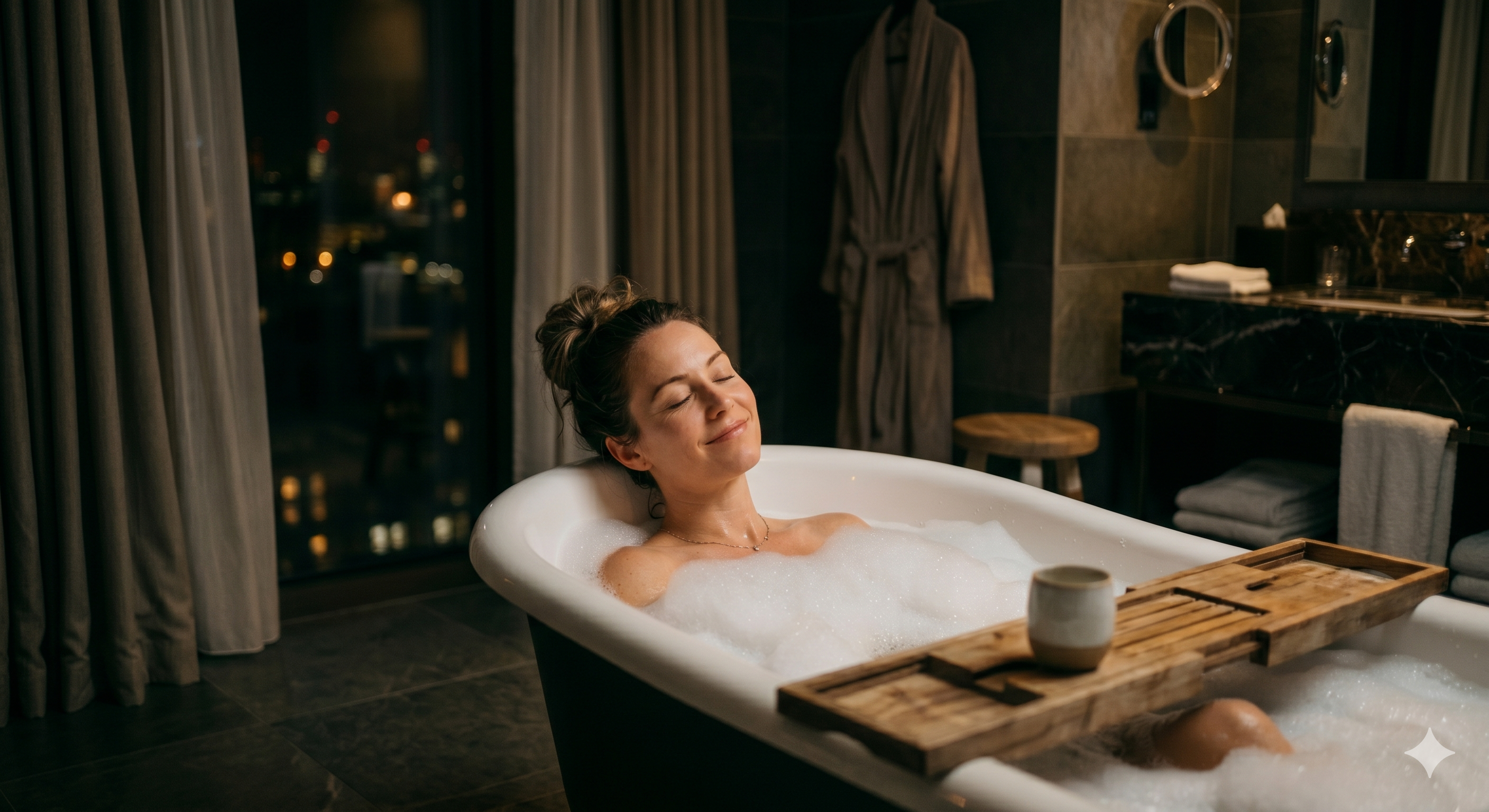 Guest relaxing in a candlelit bath with a book tray