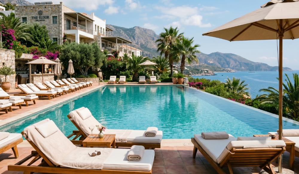 Resort pool with sun loungers overlooking the sea