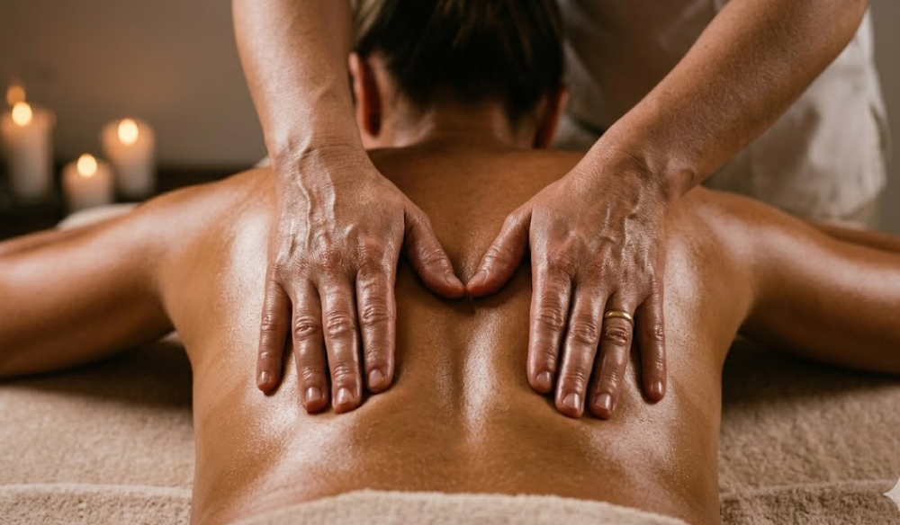 Therapist massaging a client's shoulders by candlelight