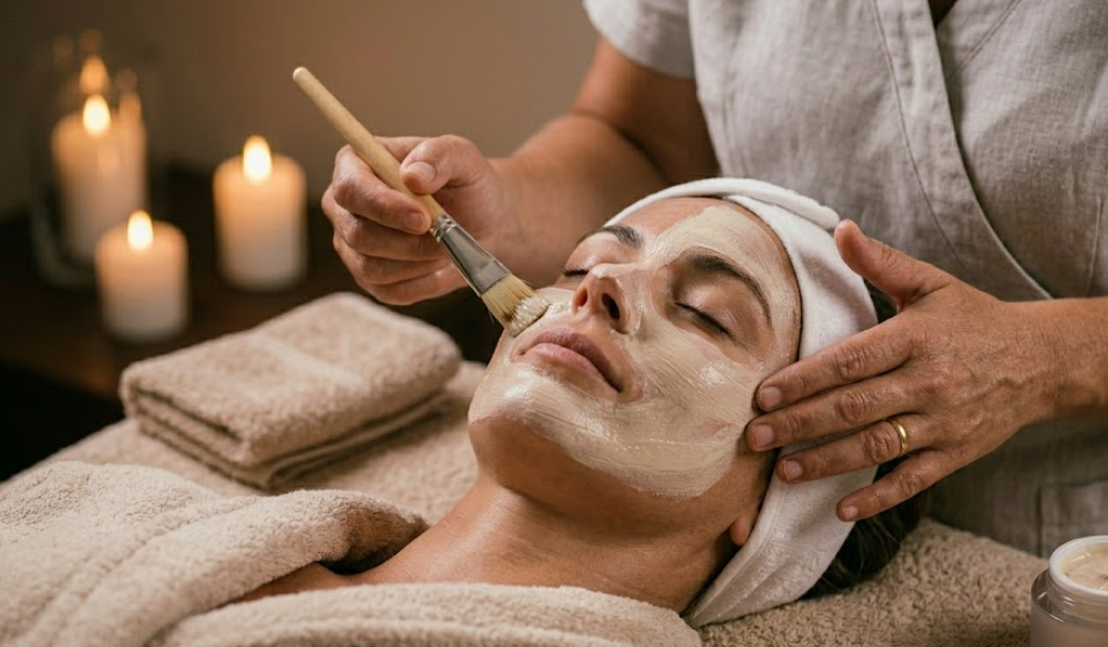 Facial mask being applied during a candlelit spa treatment