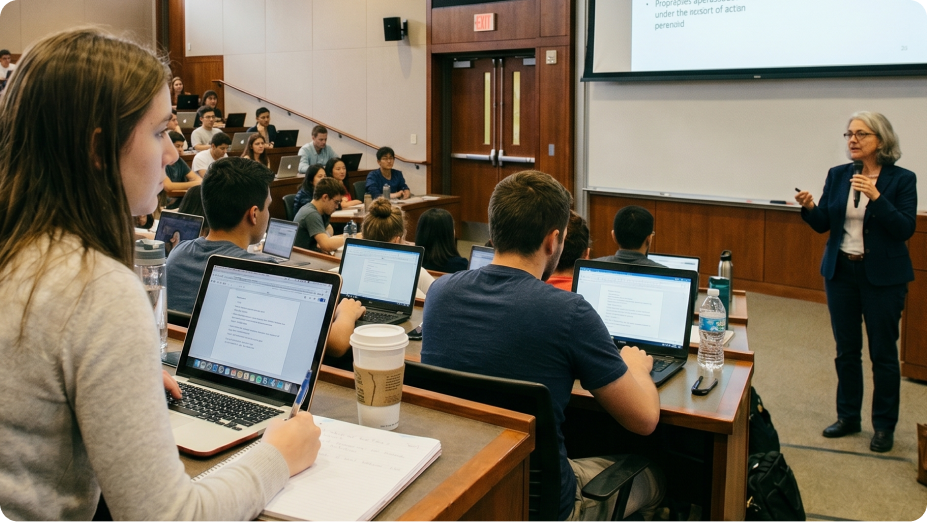 Lecturer presenting to students in a college classroom