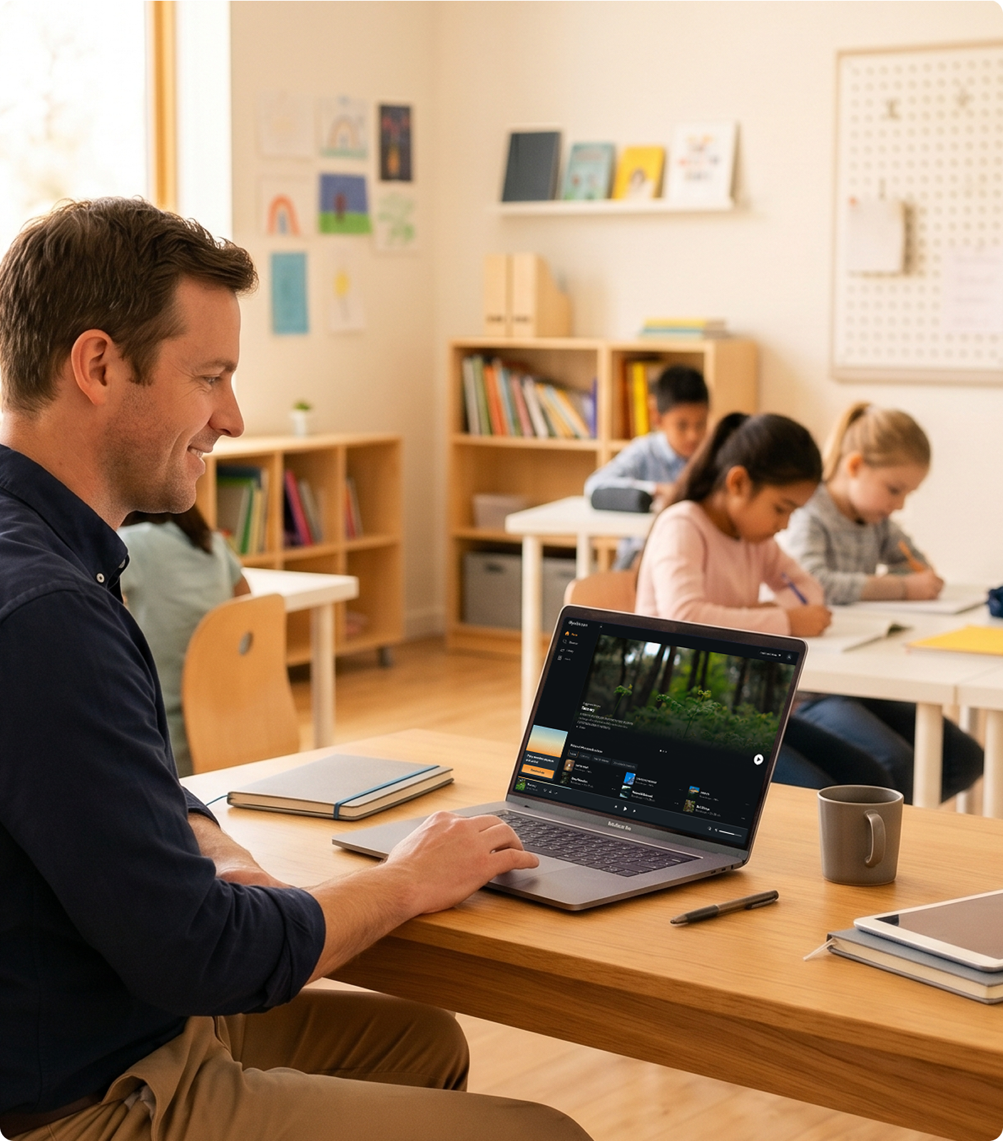 Teacher at a laptop while pupils study in the classroom