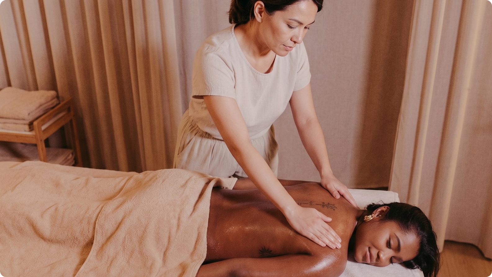 Therapist massaging a client in a warmly lit treatment room