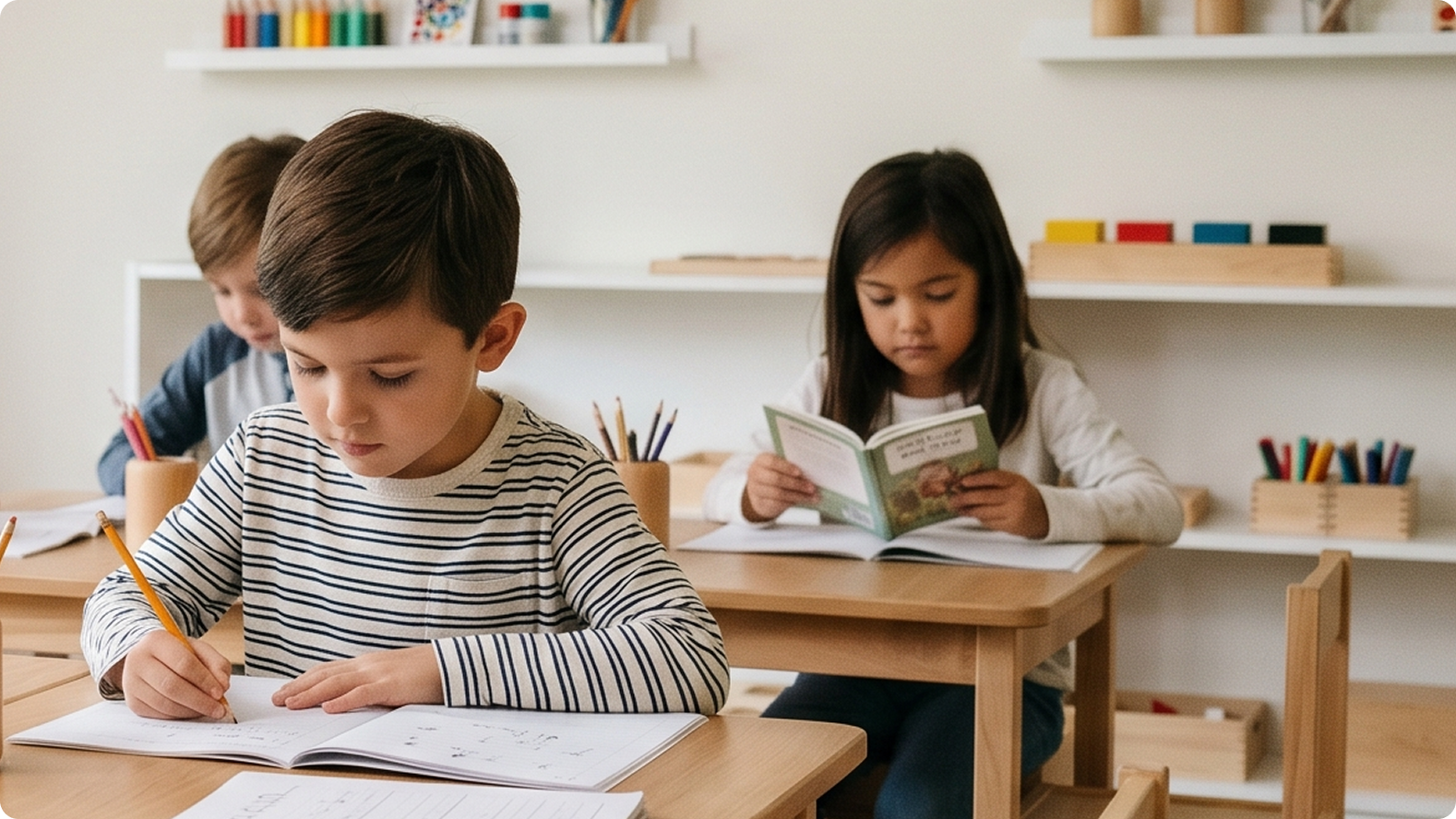 Two children reading and writing at a classroom table