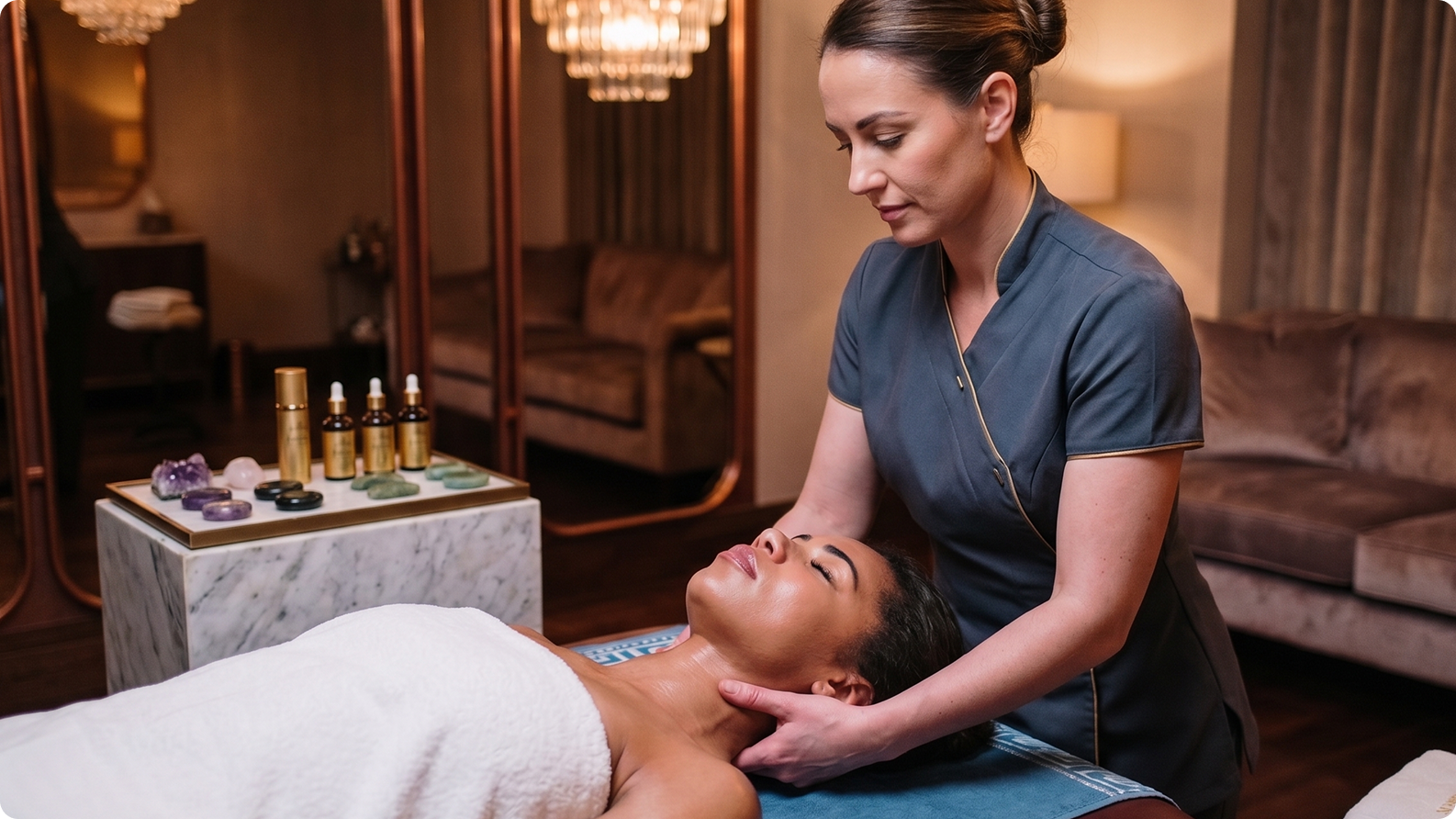 Therapist beginning a personalised facial treatment in a spa suite