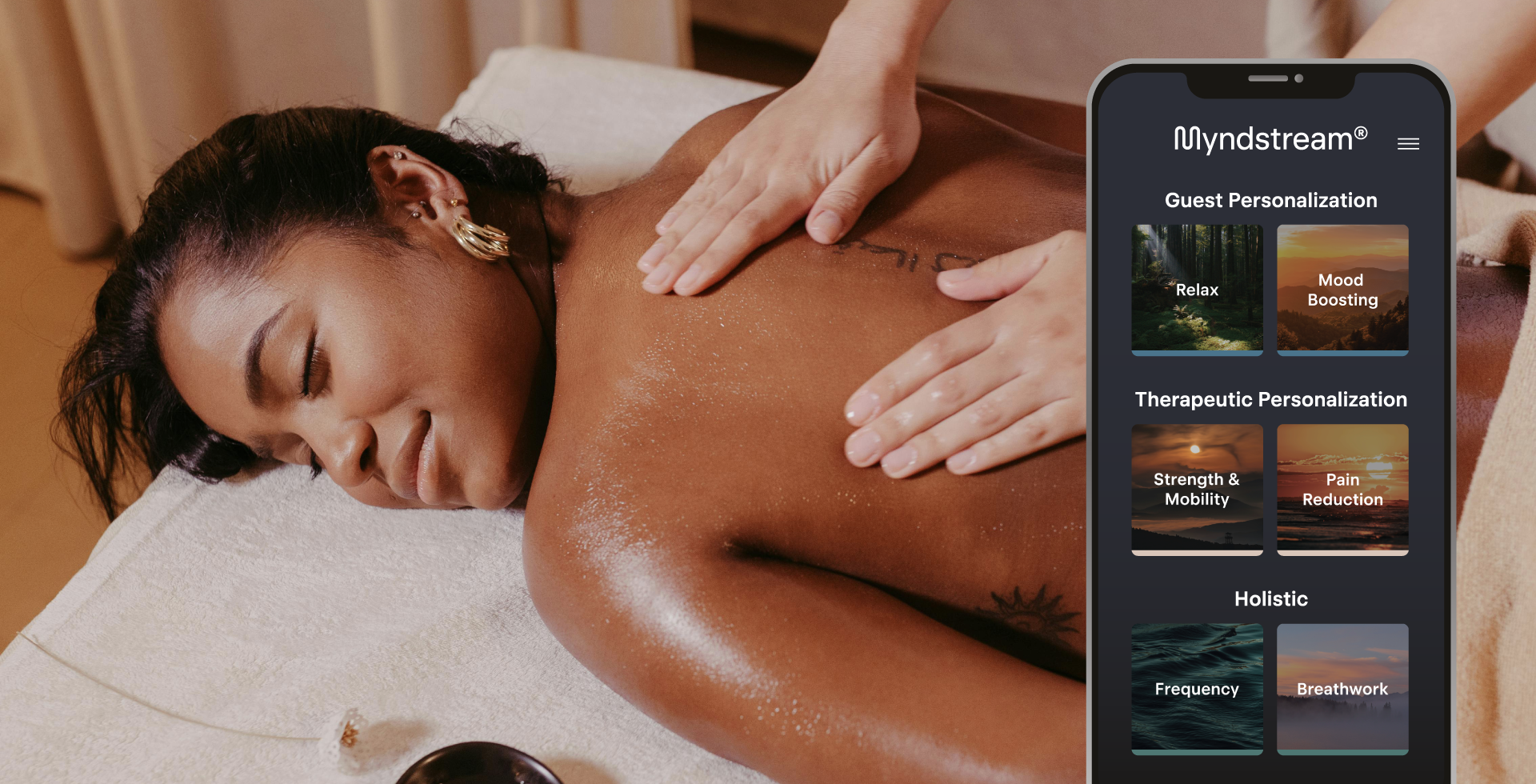 Massage alongside the Myndstream app showing personalisation options