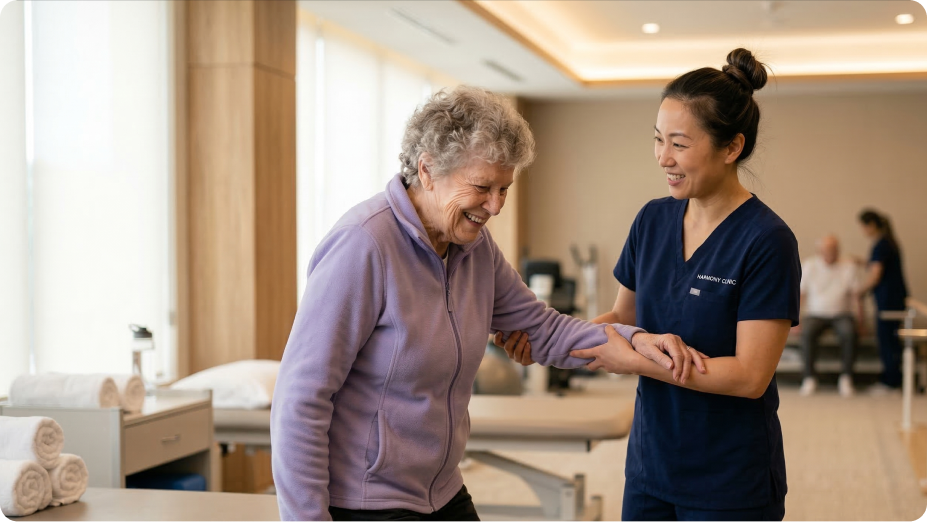 Nurse assisting an elderly patient in a hospital ward