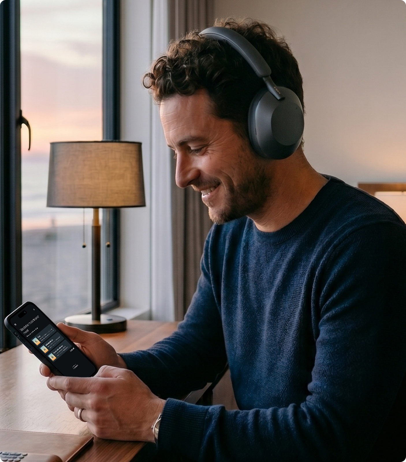 Hotel guest with headphones choosing music on a device
