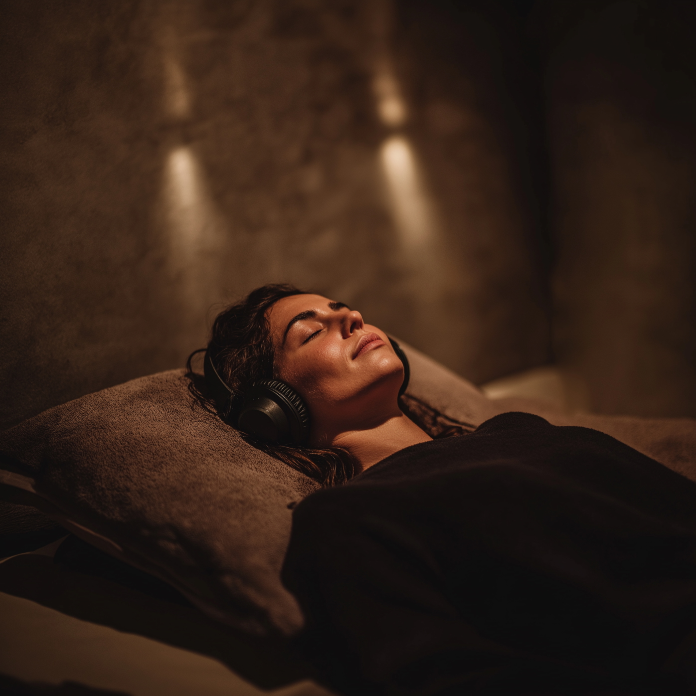 Woman lying down listening to music in a candlelit room