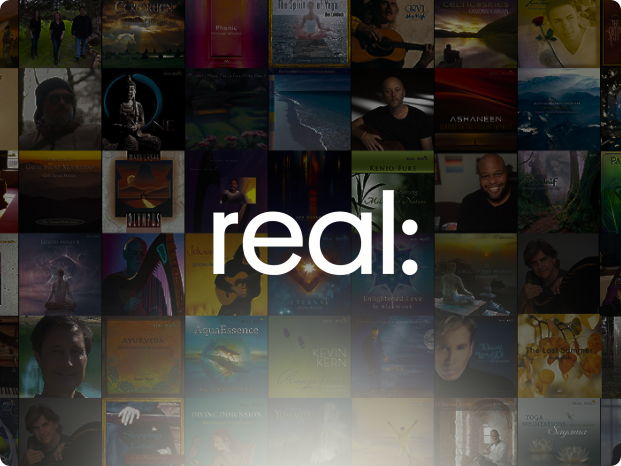 Grid of album artwork with the real: logo