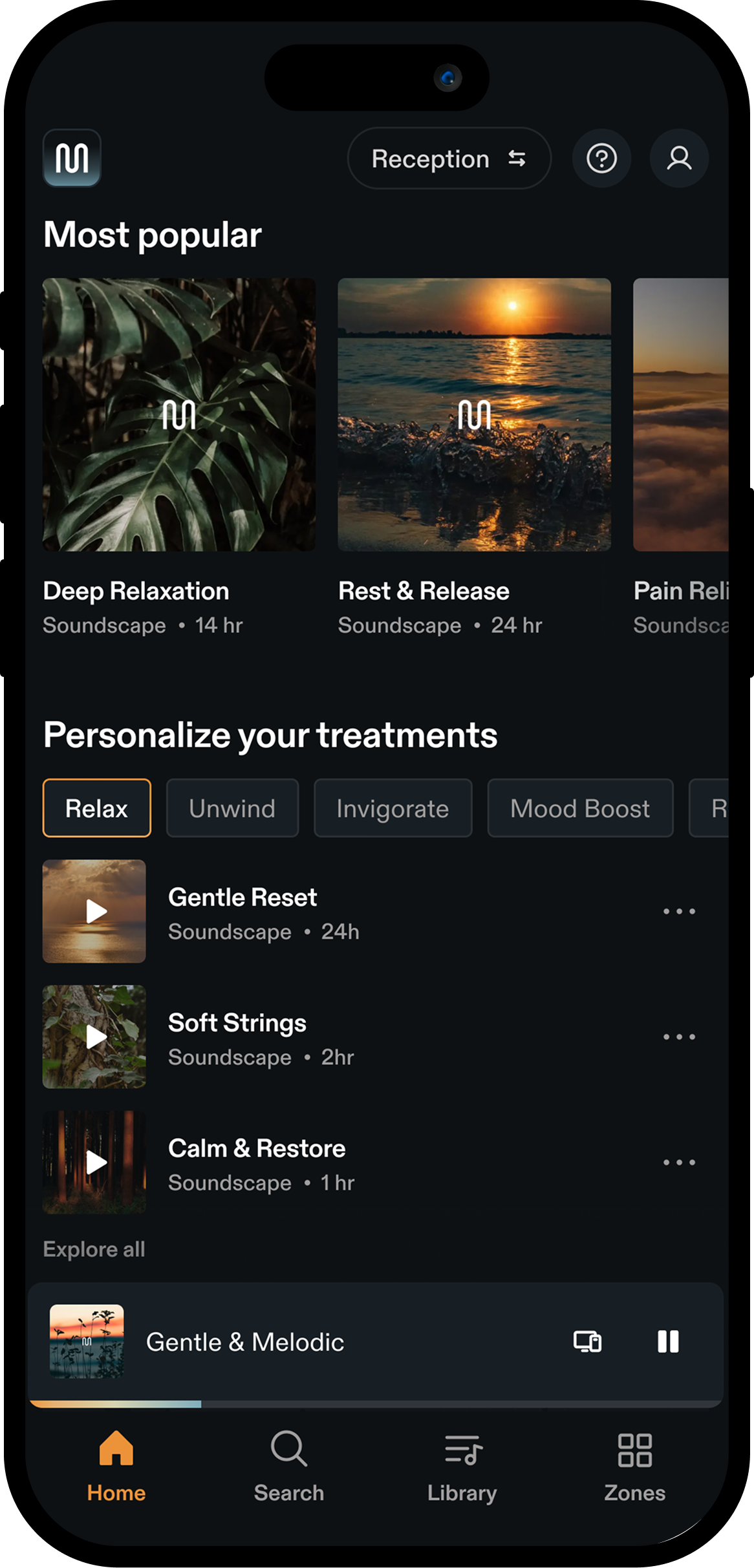 The Stream by Myndstream on an iPhone showing personalised treatment music