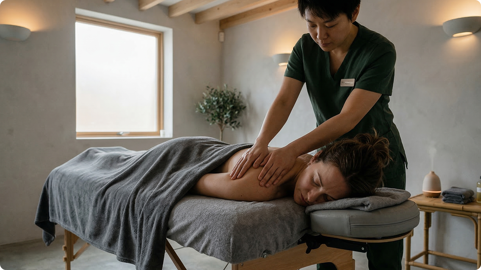 Therapist giving a back massage in a treatment room