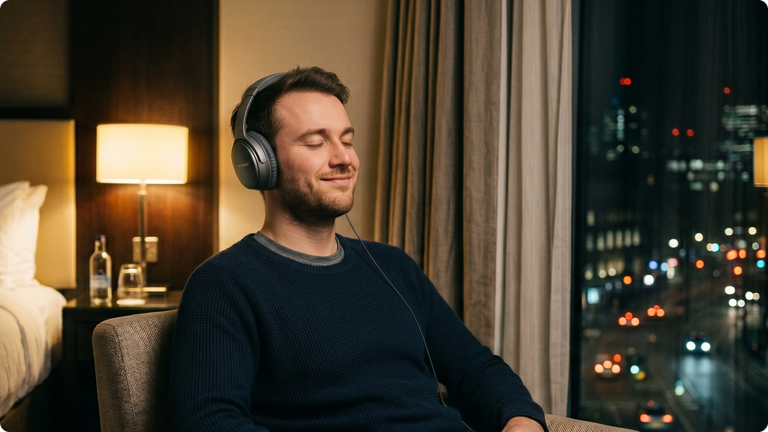 Hotel guest listening to music with headphones during an evening wellbeing ritual