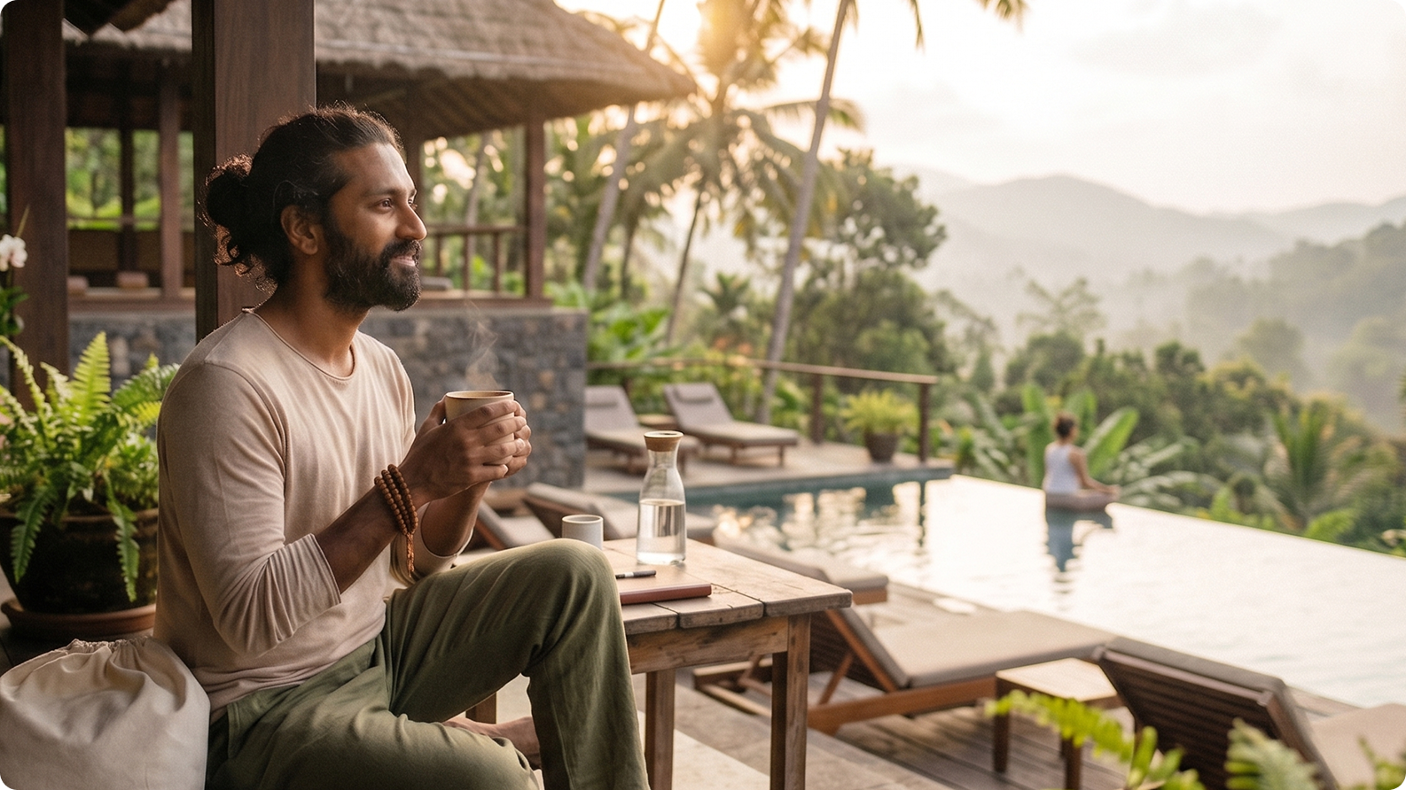 Guest enjoying morning tea overlooking the jungle at a wellness retreat