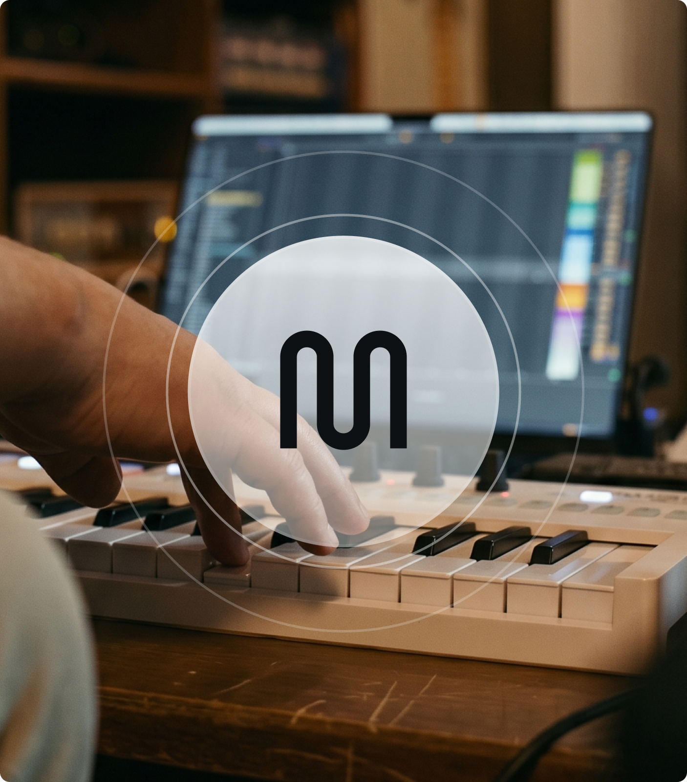 Hand pressing a Myndstream monogram key on a studio keyboard