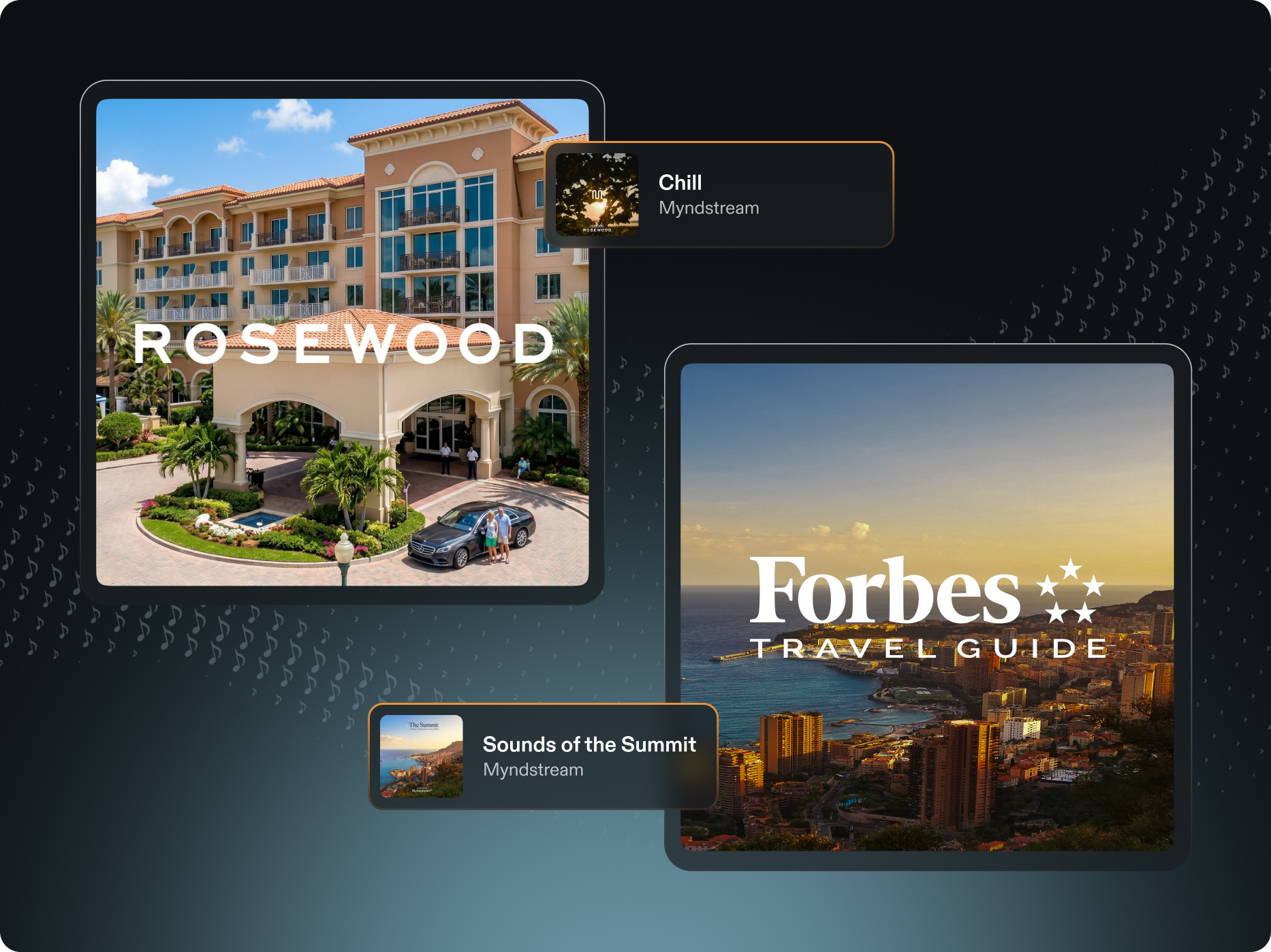 Examples of bespoke Myndstream music channels created for Rosewood and Forbes Travel Guide