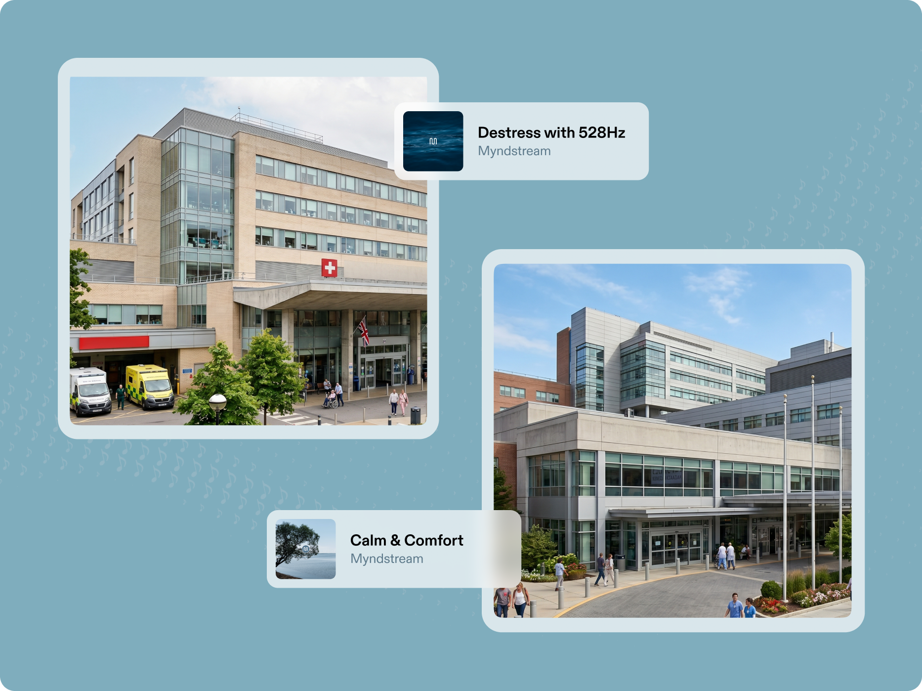 Hospital buildings with bespoke Myndstream music channels for healthcare
