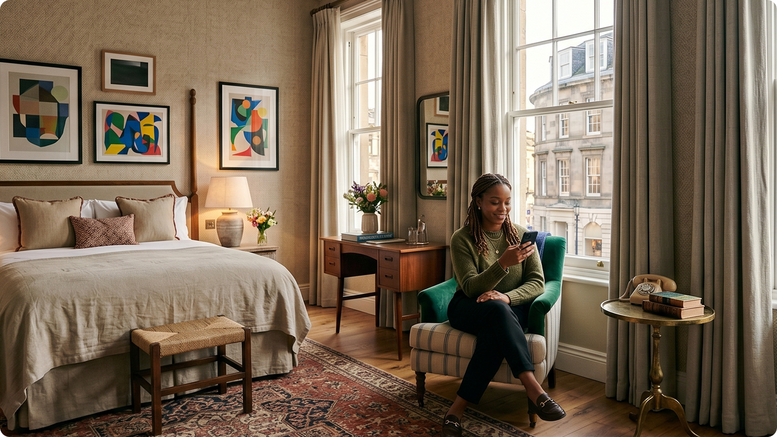 Guest seated by the window in a boutique hotel bedroom