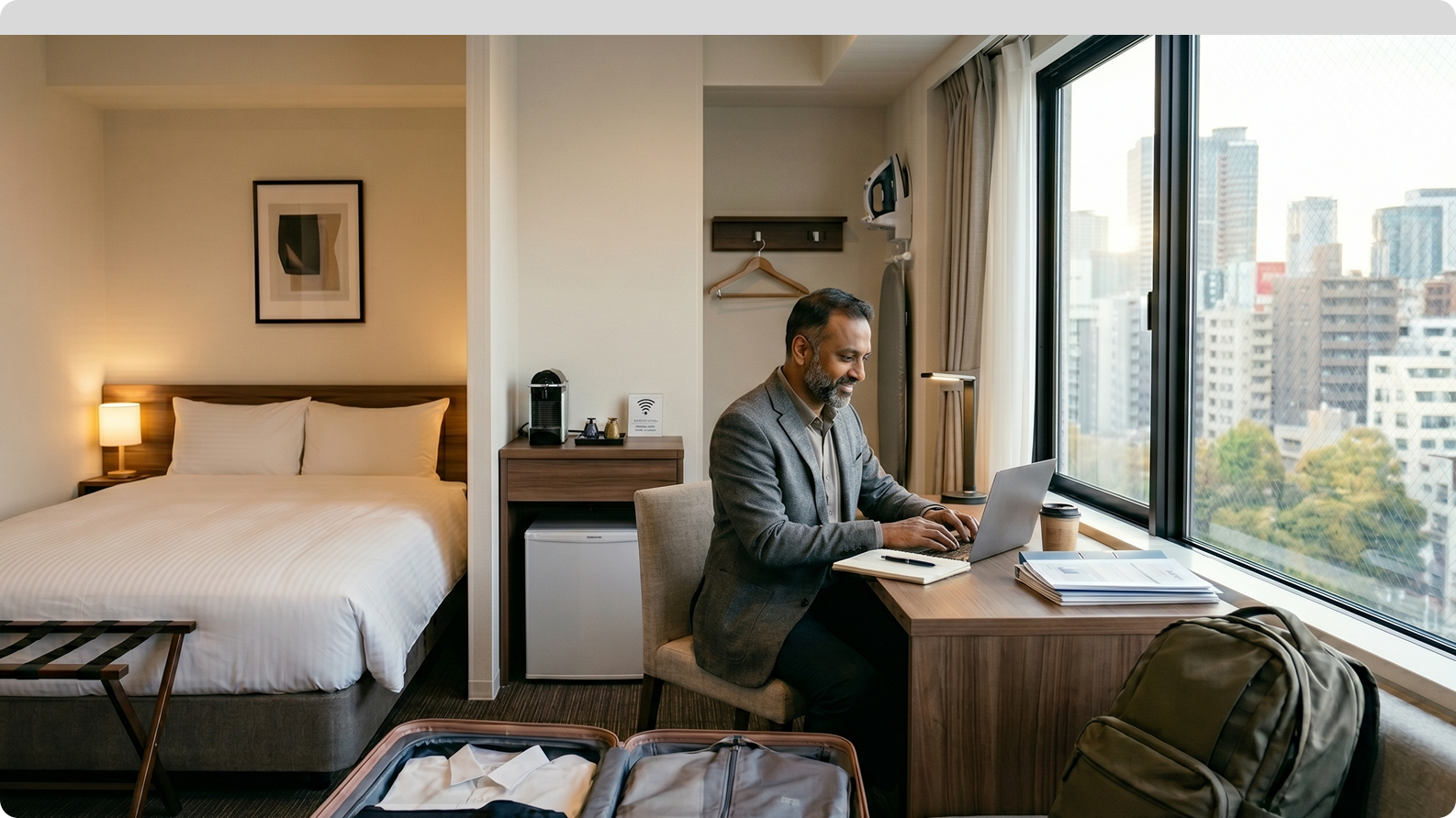Business traveller working at a desk in a city hotel room