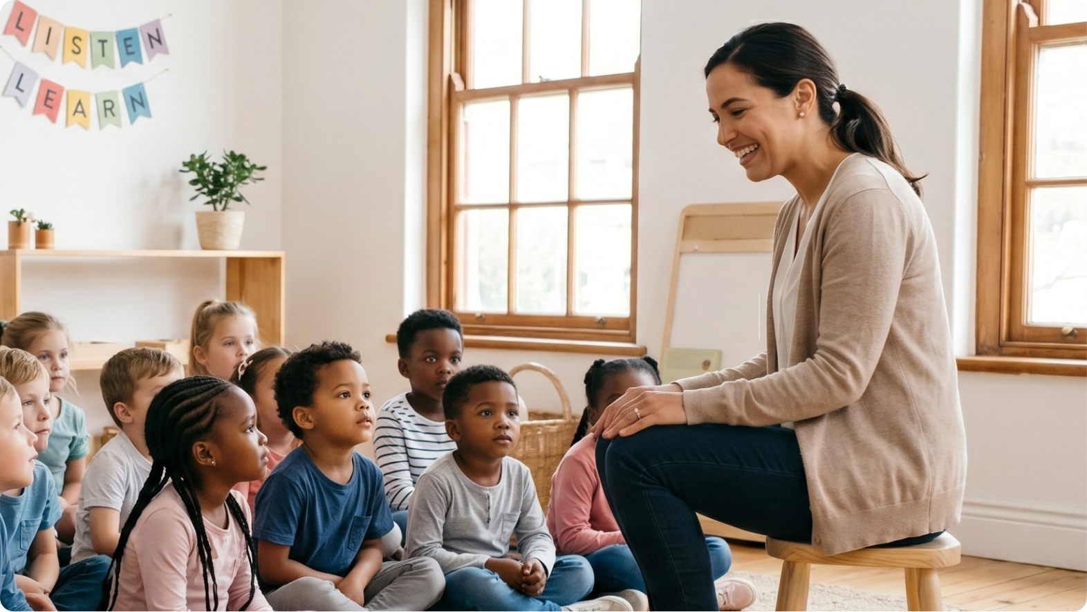 Teacher leading a calm circle-time session with young pupils