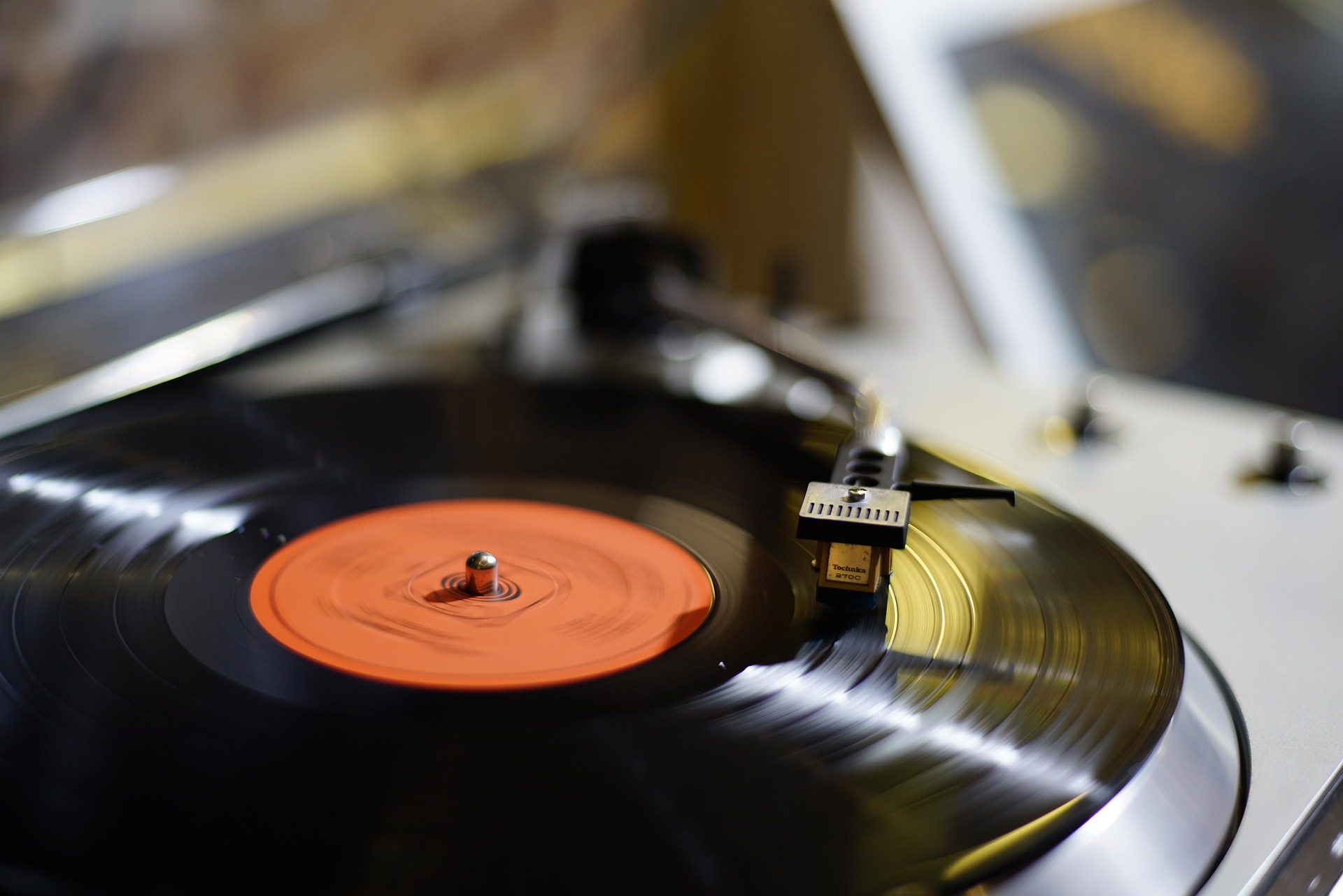 Vinyl record spinning on a turntable