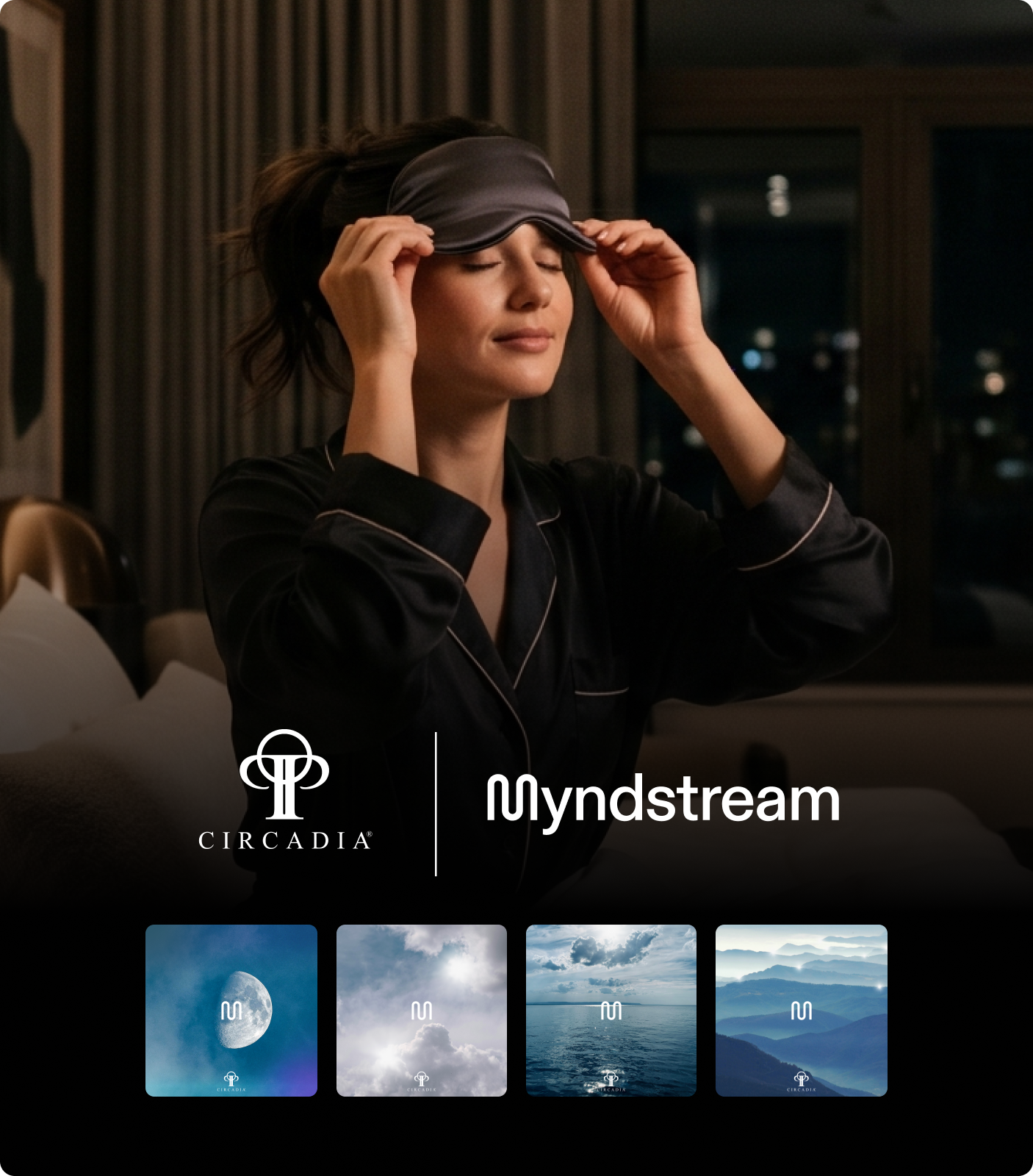 Circadia x Myndstream, person using a facial device beside playlist artwork