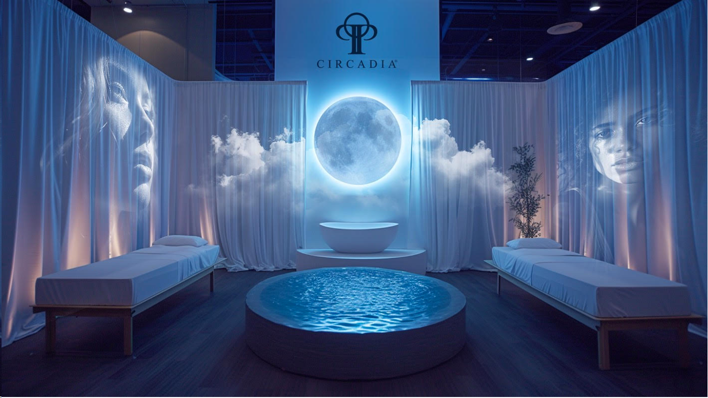Circadia spa room with a glowing moon installation above a plunge pool