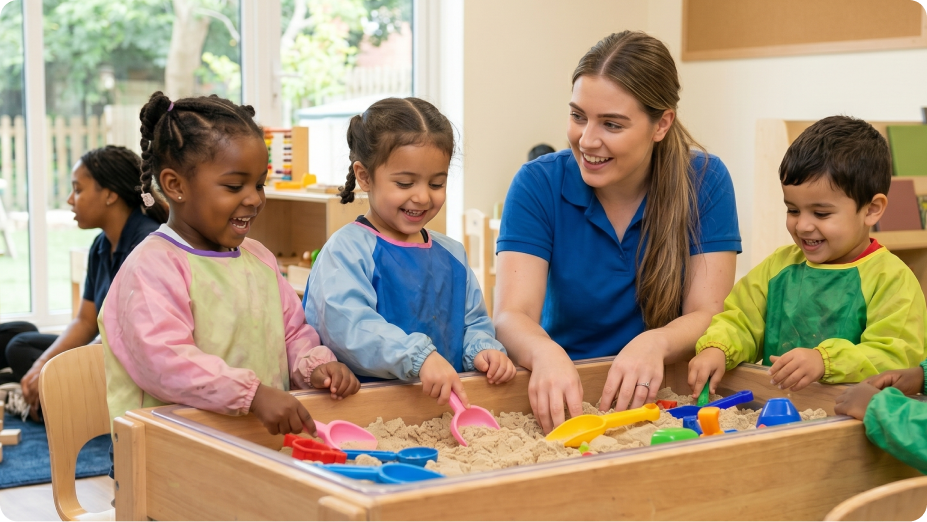Early years practitioner playing with toddlers at a sand table