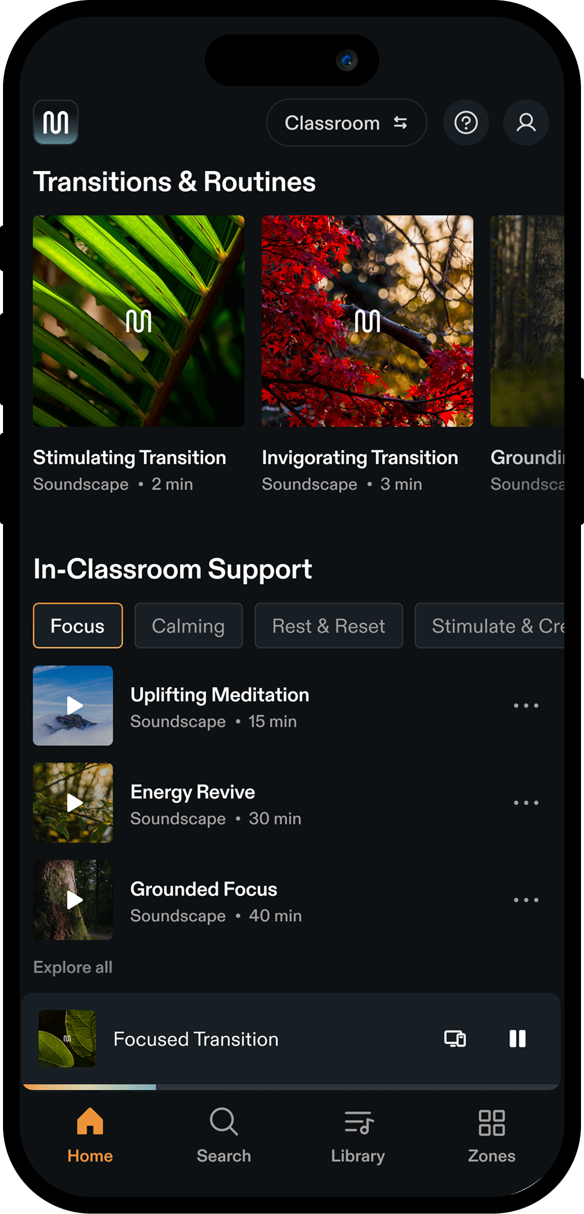 Myndstream app on a phone with in-classroom support playlists