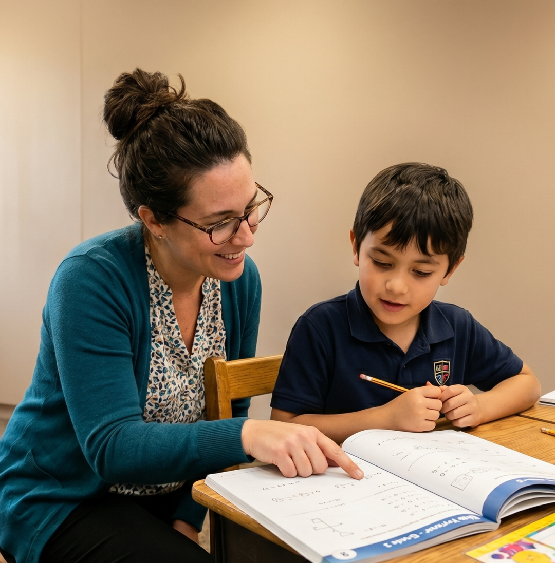 Teacher guiding a young student through a workbook