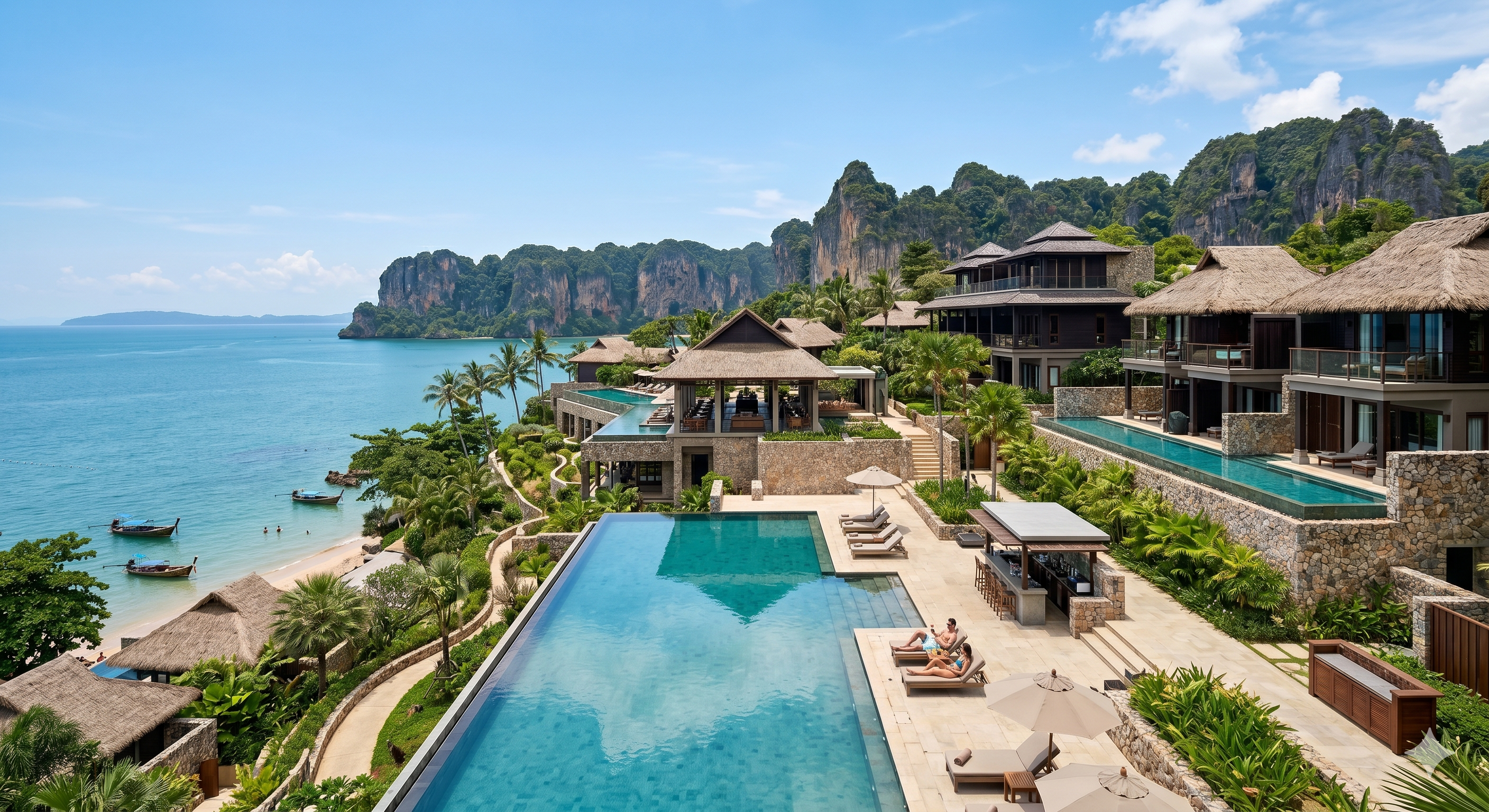 Aerial view of a luxury coastal resort with pools and villas