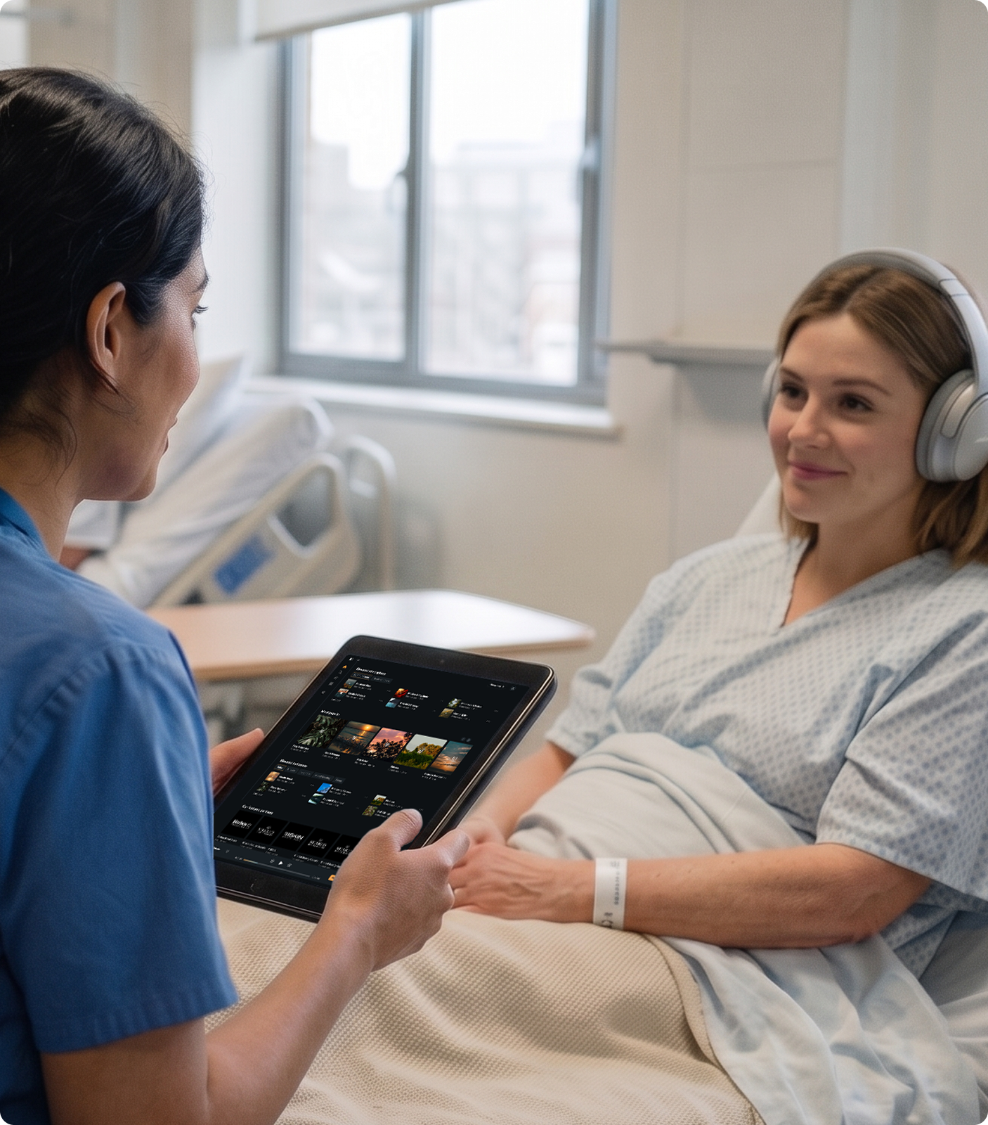 Nurse sharing music on a tablet with a patient wearing headphones