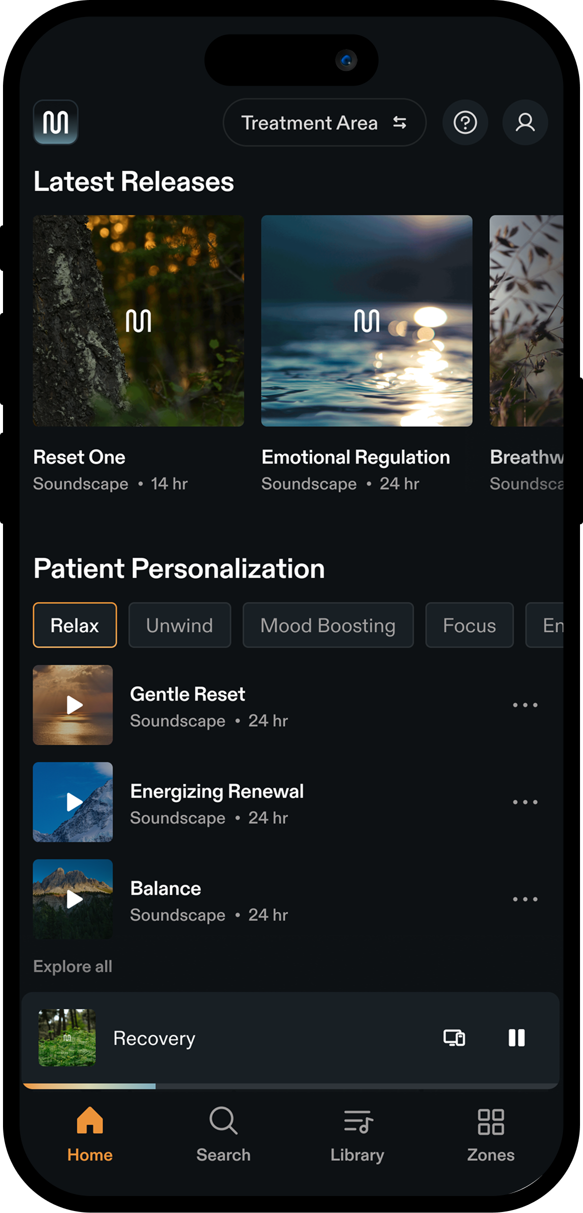 Myndstream app on a phone with music for care settings