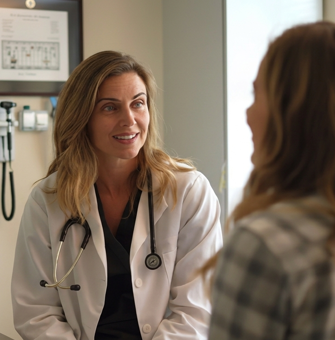 Clinician in conversation with a patient in a healthcare setting