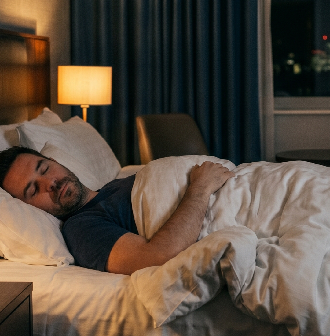Guest sleeping comfortably in a hotel room