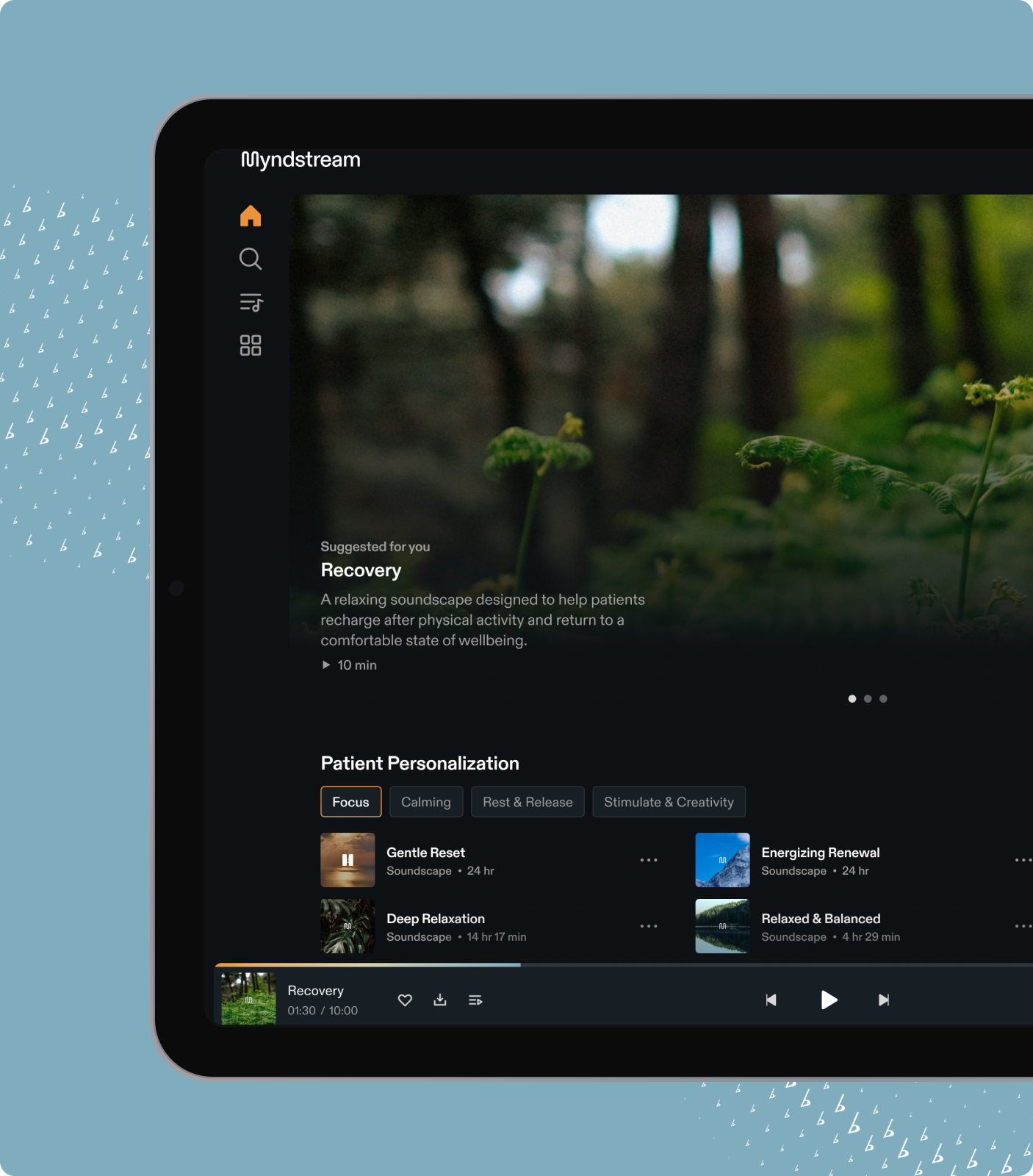 Myndstream web player showing music for healthcare settings