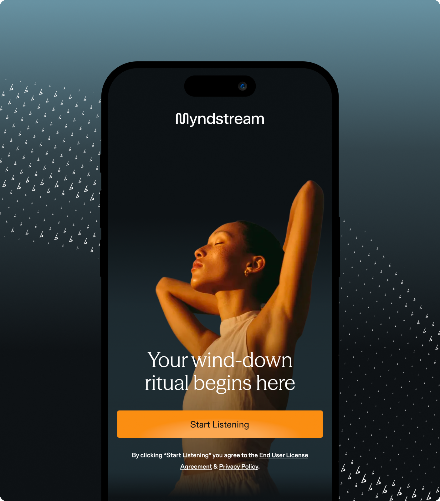 Myndstream app on a phone introducing a guest wind-down ritual