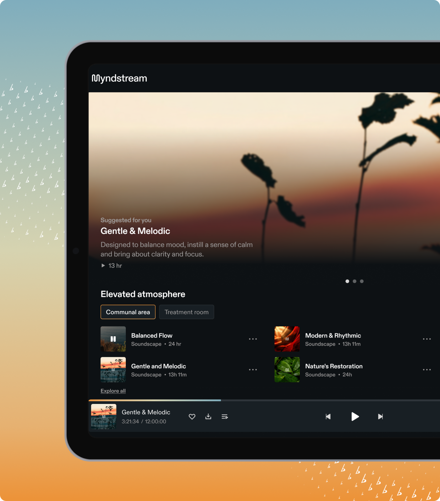 Myndstream app on a tablet showing spa music setup