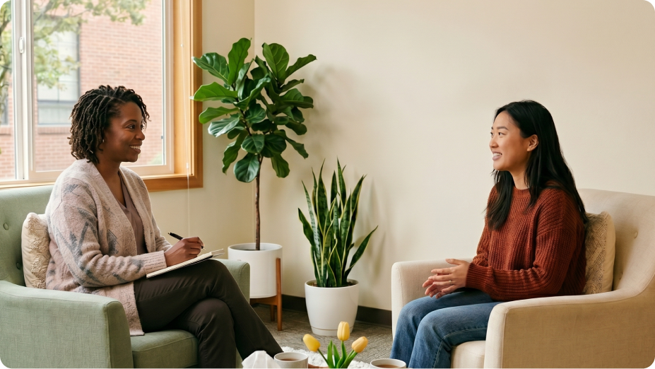 Therapist and client talking in a calm therapy room