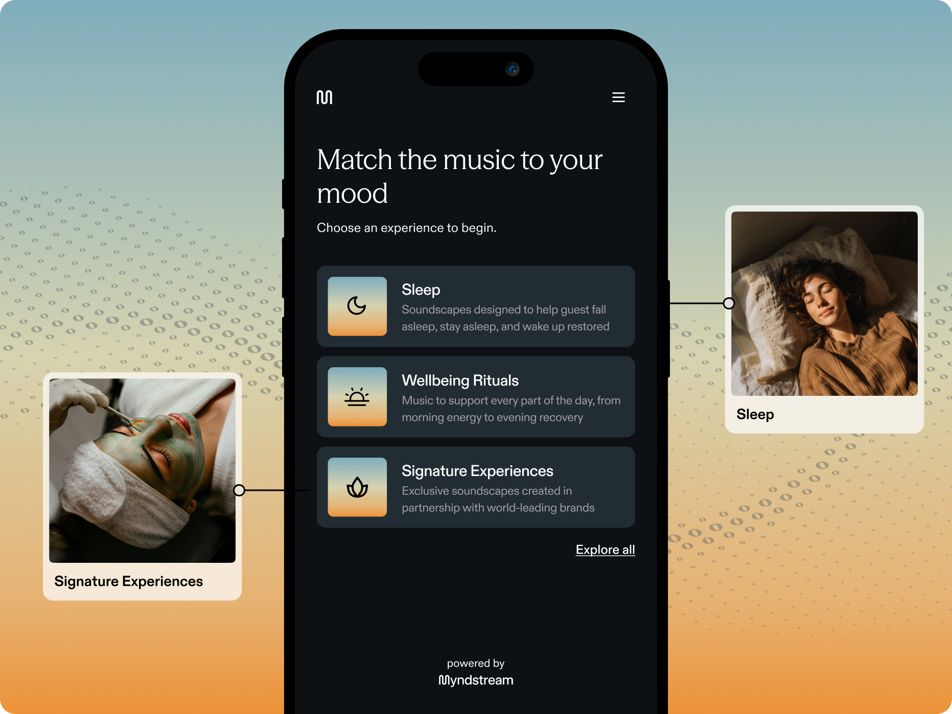 Myndstream app screen inviting spa guests to match the music to their mood