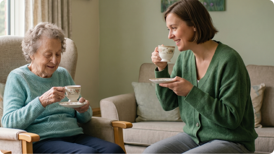 Carer sharing tea with an elderly woman at home