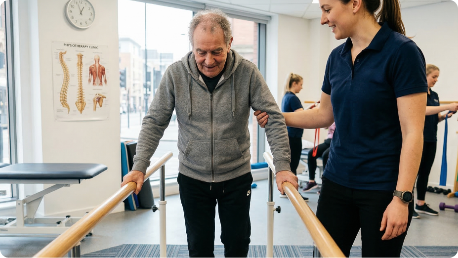 Physiotherapist guiding a patient walking between parallel bars