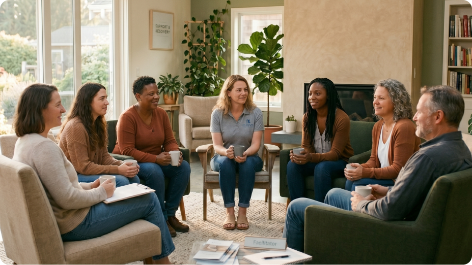Support group talking together in a comfortable lounge