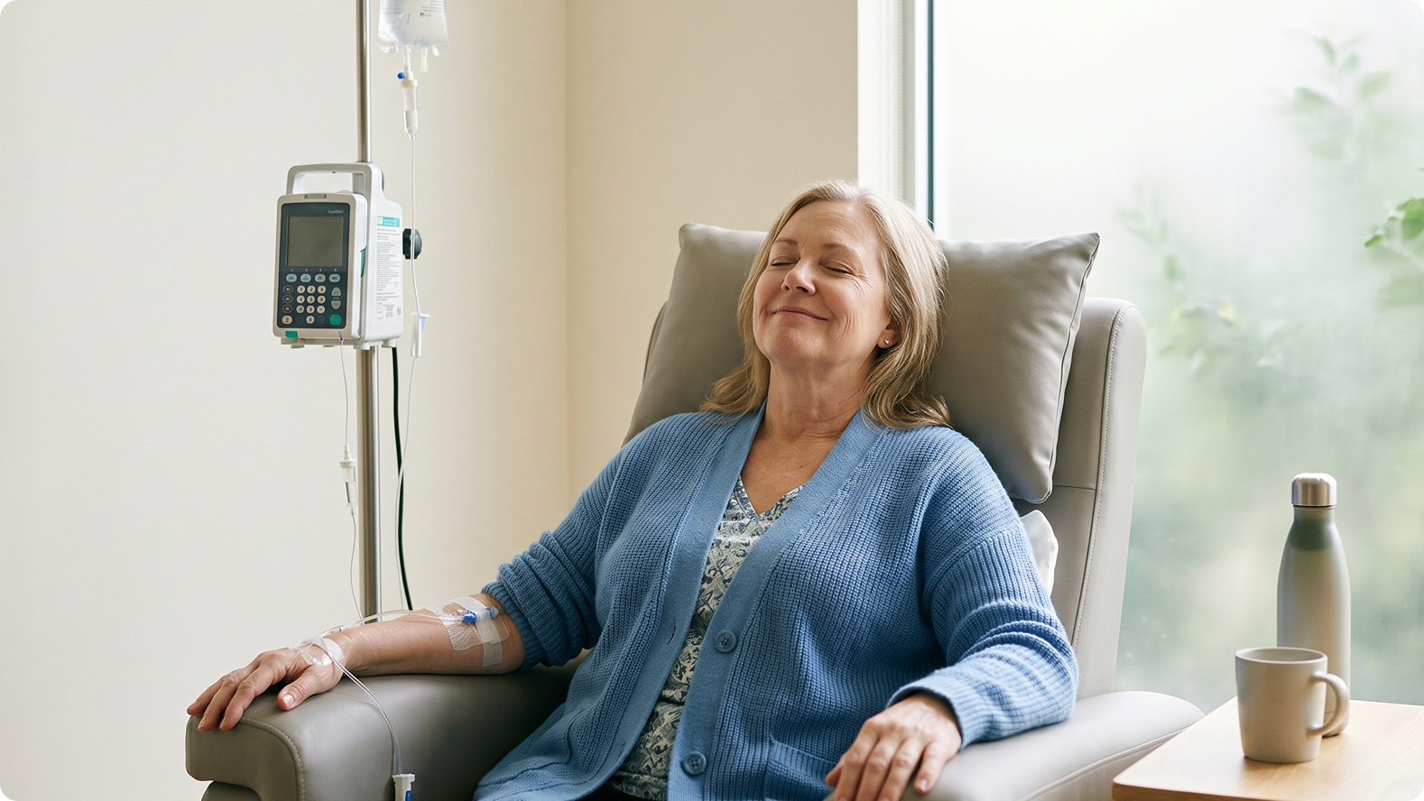 Patient relaxing in an armchair during treatment