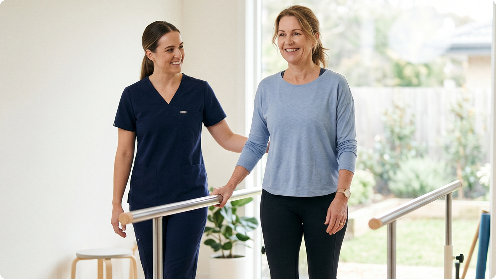 Clinician supporting a patient during outdoor rehabilitation exercises