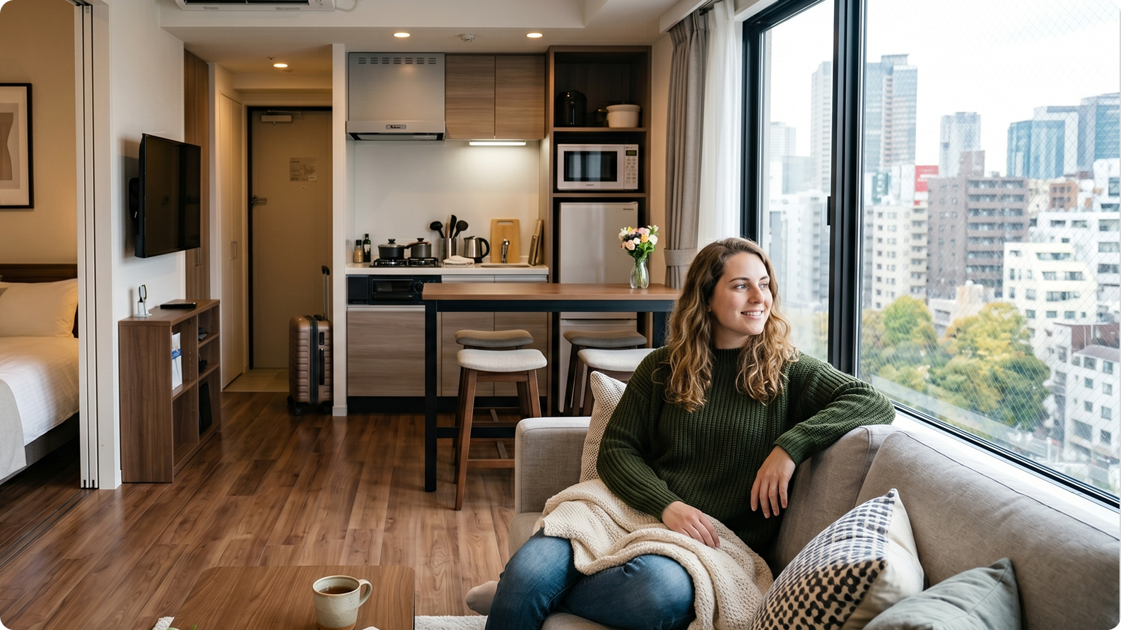Guest relaxing in a serviced apartment with city views