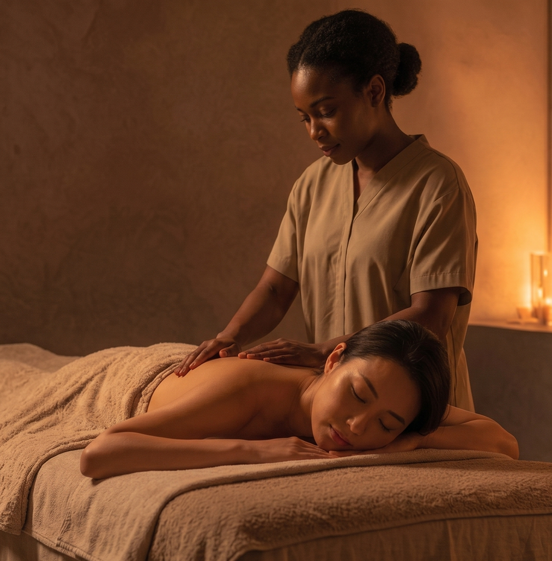 Massage therapist giving a treatment in a softly lit spa