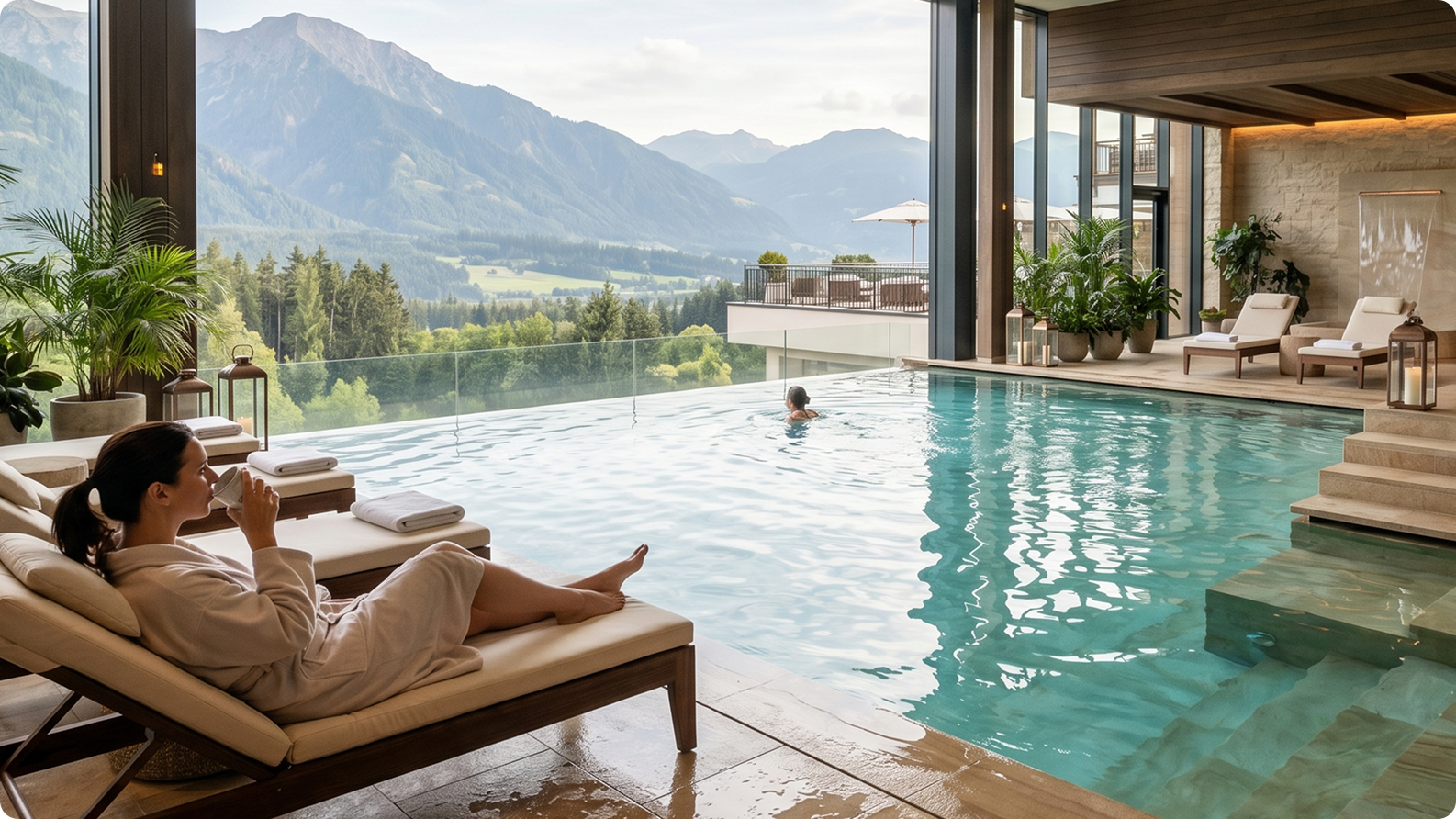 Guests relaxing by an indoor pool with mountain views at a spa hotel