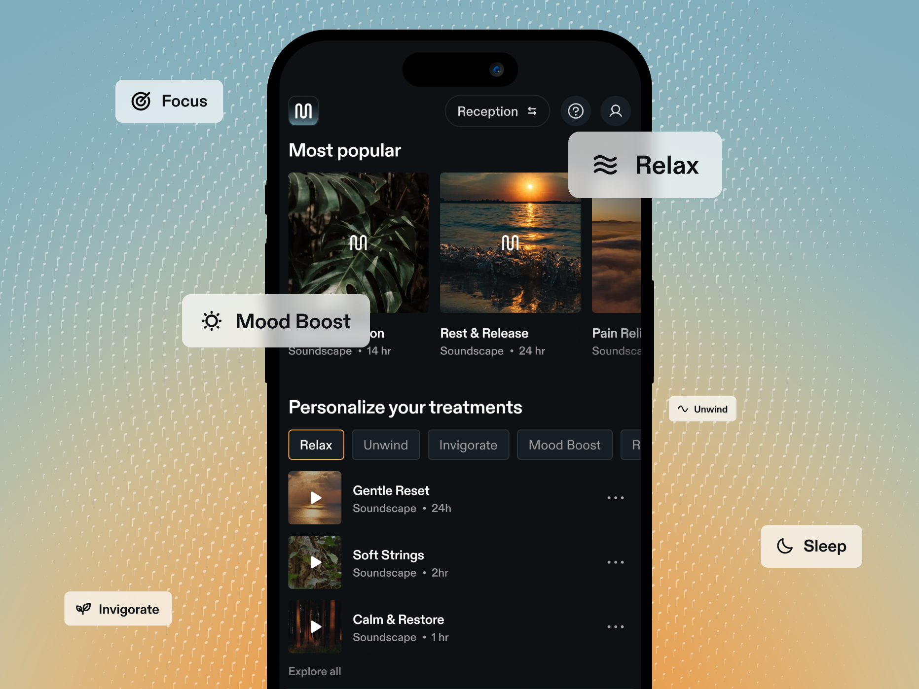 The Stream by Myndstream on a phone showing personalised treatment music